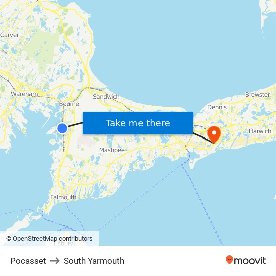 Pocasset to South Yarmouth map