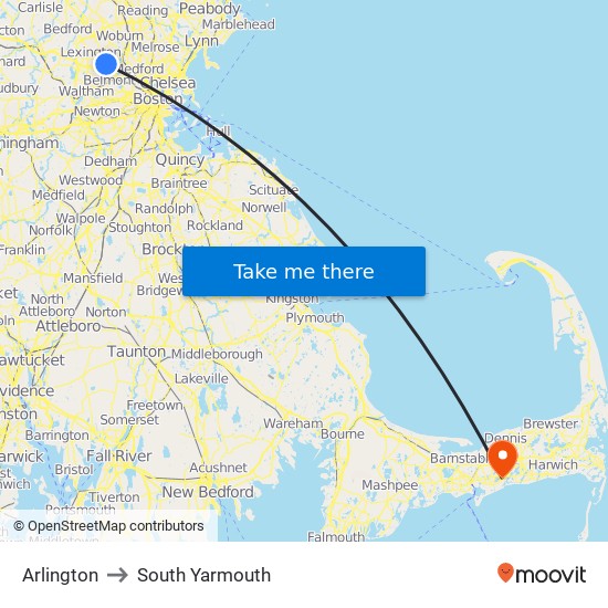 Arlington to South Yarmouth map