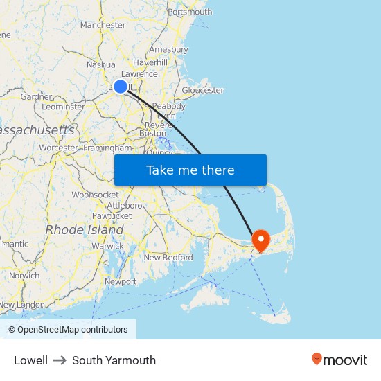 Lowell to South Yarmouth map