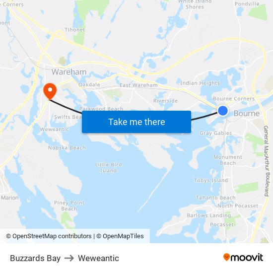 Buzzards Bay to Weweantic map