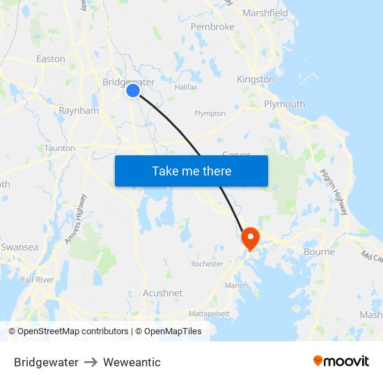 Bridgewater to Weweantic map