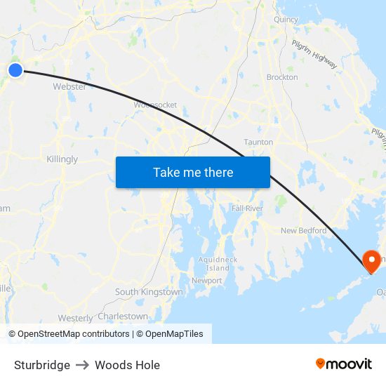 Sturbridge to Woods Hole map