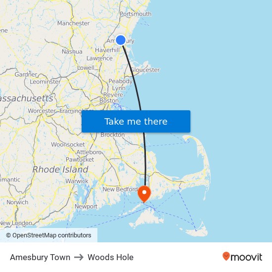 Amesbury Town to Woods Hole map
