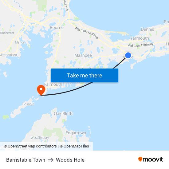 Barnstable Town to Woods Hole map