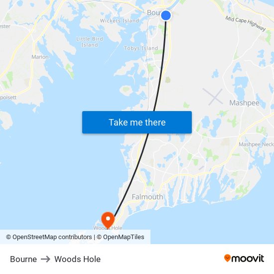 Bourne to Woods Hole map