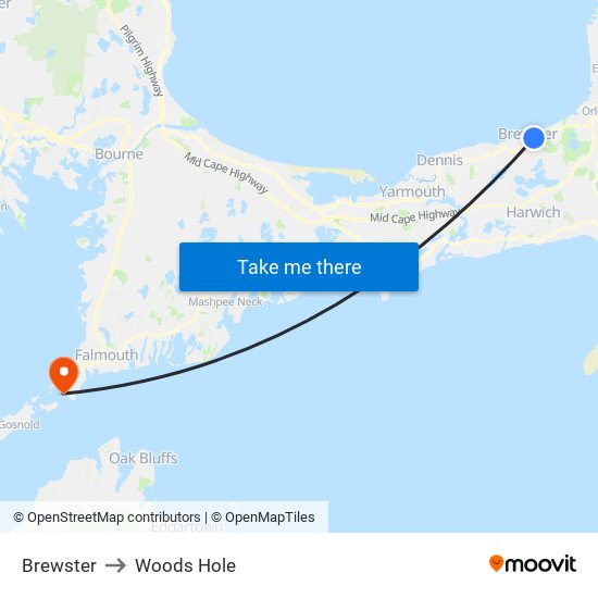 Brewster to Woods Hole map