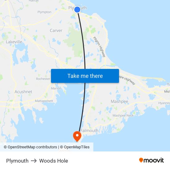 Plymouth to Woods Hole map