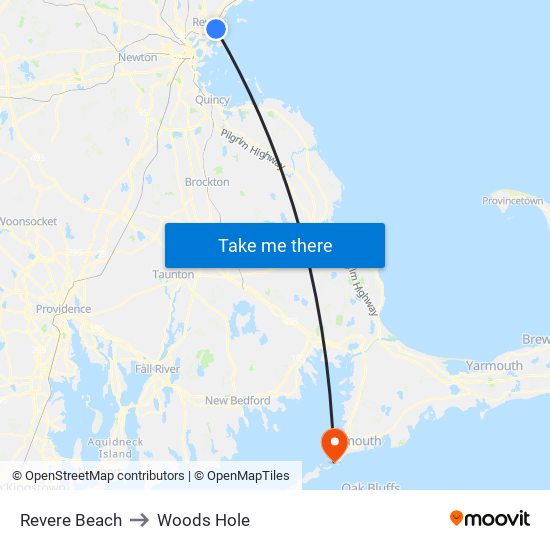 Revere Beach to Woods Hole map