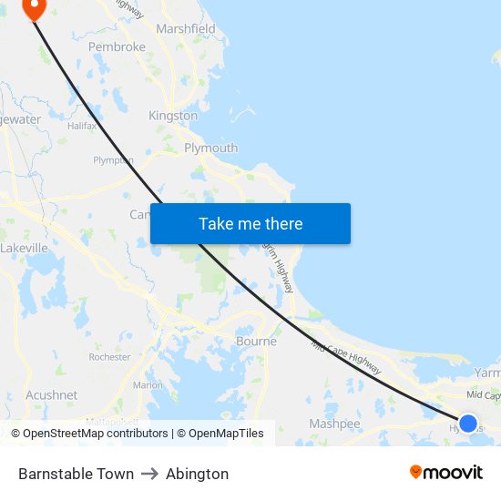 Barnstable Town to Abington map