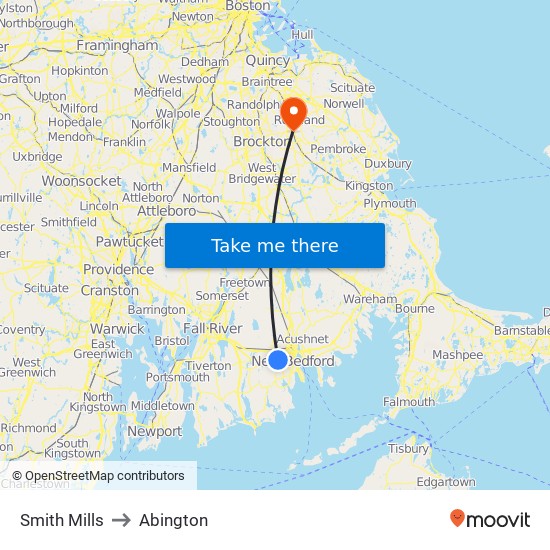 Smith Mills to Abington map