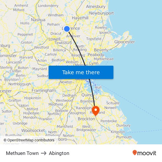 Methuen Town to Abington map