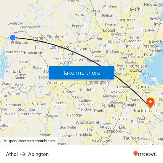 Athol to Abington map