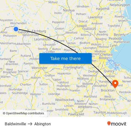 Baldwinville to Abington map