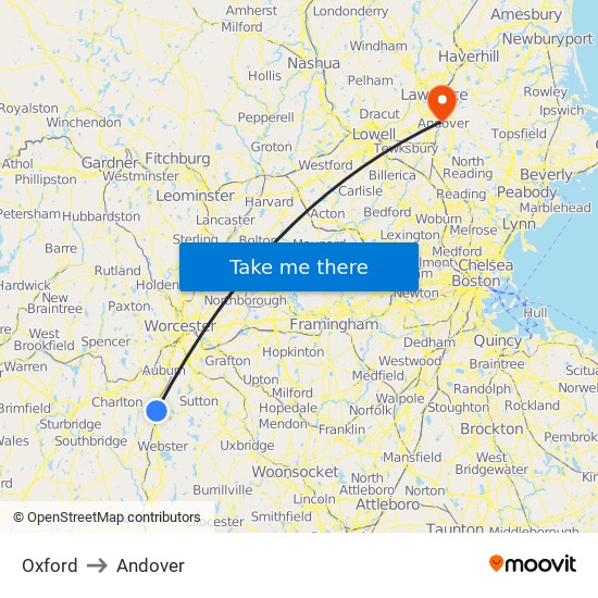 Oxford to Andover map