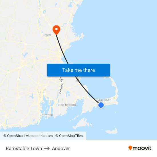 Barnstable Town to Andover map