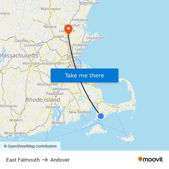 East Falmouth to Andover map