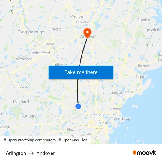 Arlington to Andover map