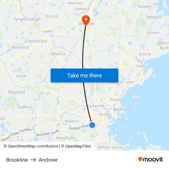 Brookline to Andover map