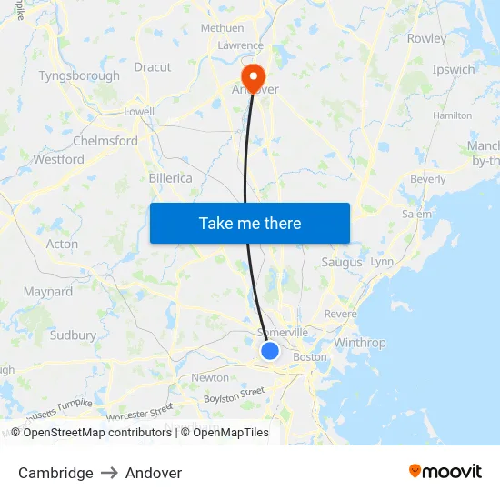 Cambridge to Andover map