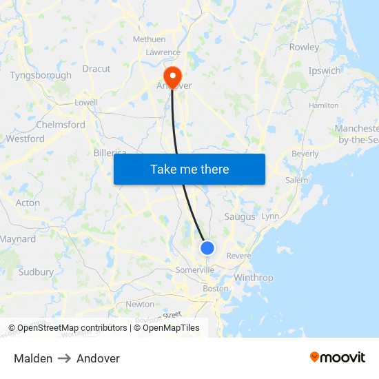 Malden to Andover map