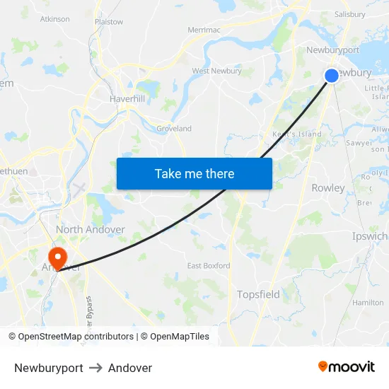 Newburyport to Andover map