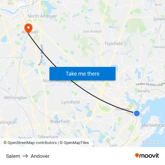 Salem to Andover map