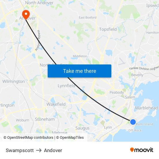 Swampscott to Andover map