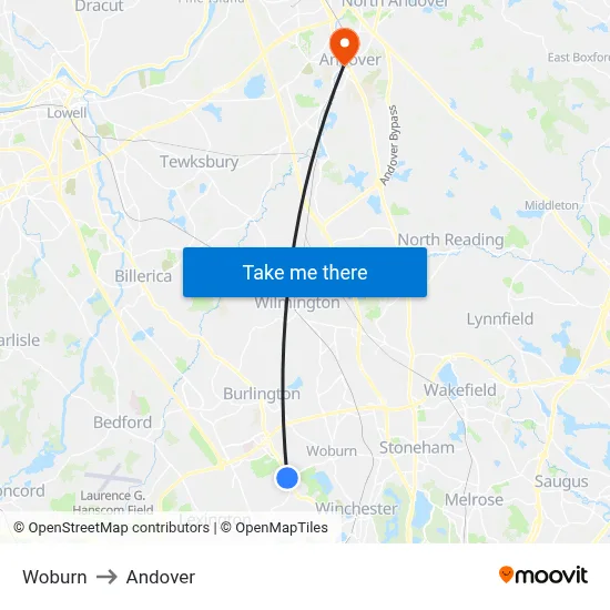 Woburn to Andover map