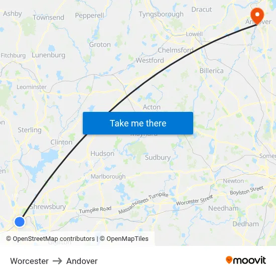 Worcester to Andover map