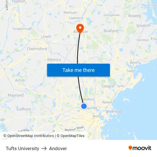 Tufts University to Andover map
