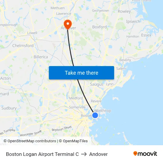 Boston Logan Airport Terminal C to Andover map