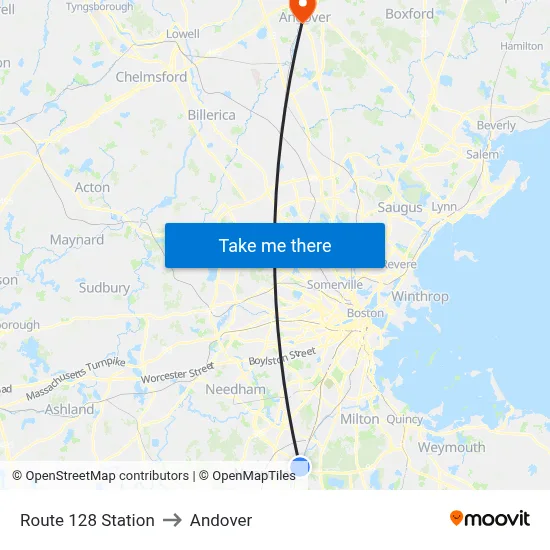 Route 128 Station to Andover map