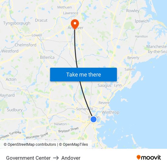 Government Center to Andover map