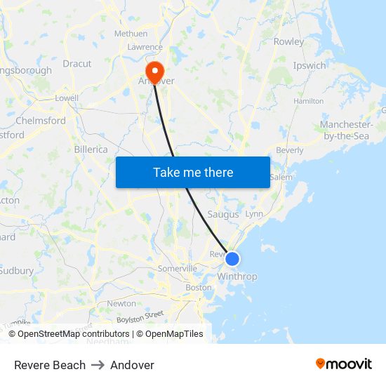 Revere Beach to Andover map