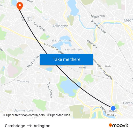 Cambridge to Arlington map