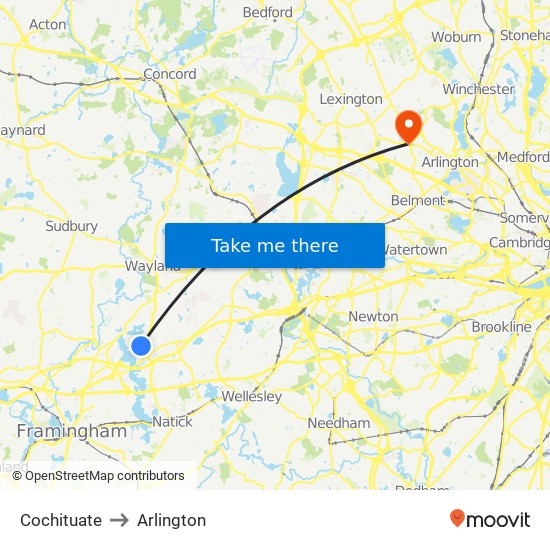 Cochituate to Arlington map