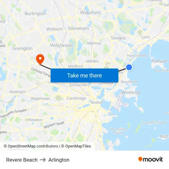 Revere Beach to Arlington map