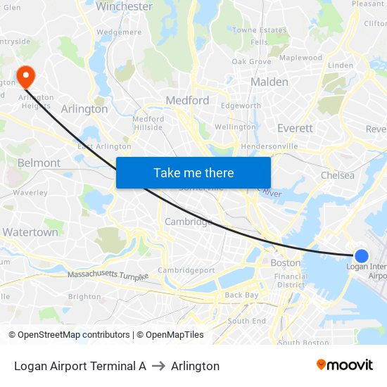 Logan Airport Terminal A to Arlington map
