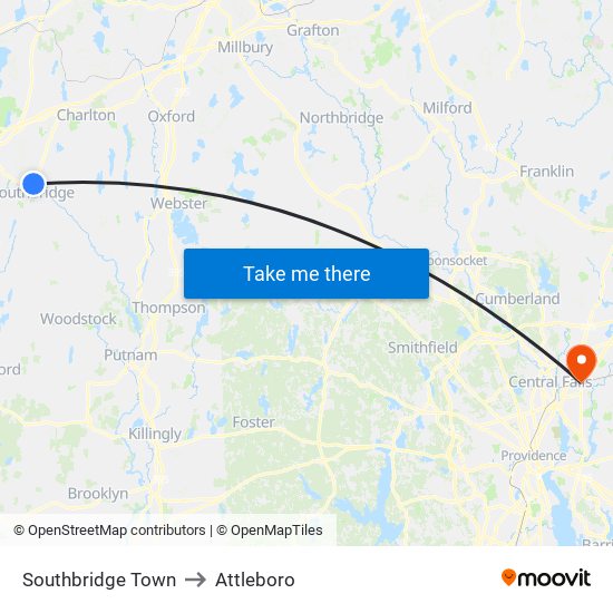 Southbridge Town to Attleboro map