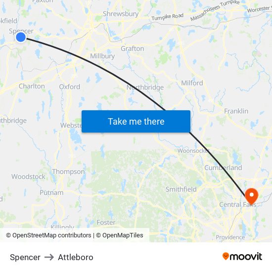 Spencer to Attleboro map