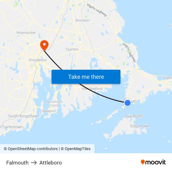 Falmouth to Attleboro map