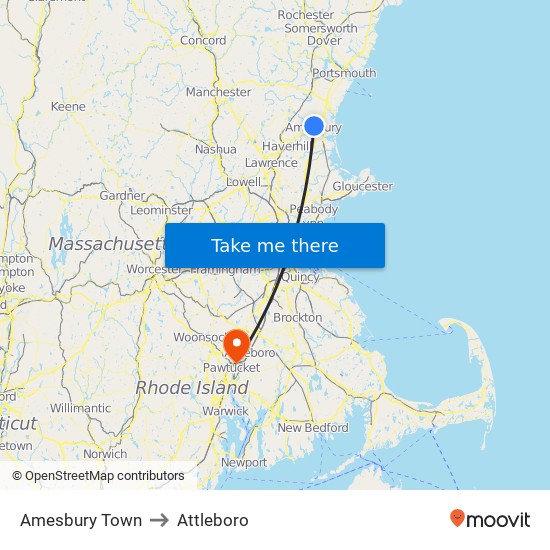 Amesbury Town to Attleboro map