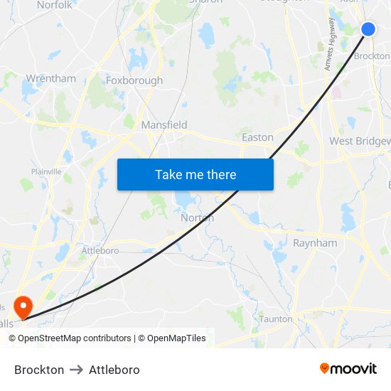 Brockton to Attleboro map