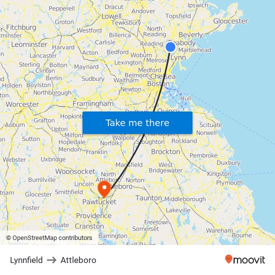 Lynnfield to Attleboro map