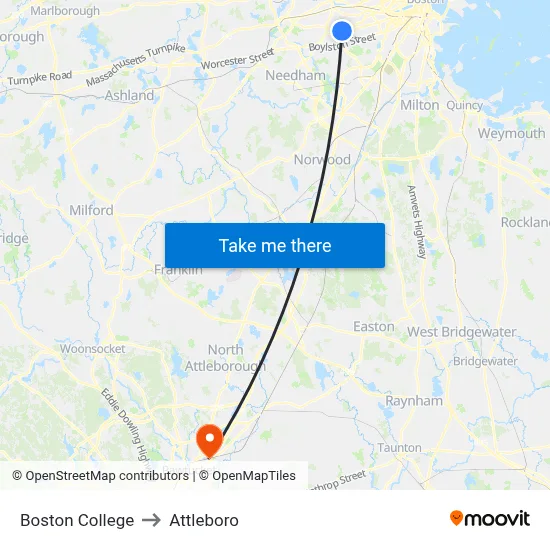 Boston College to Attleboro map