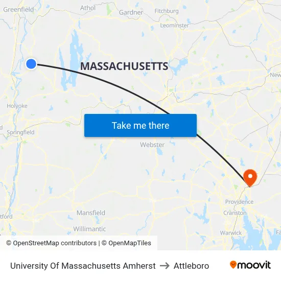 University Of Massachusetts Amherst to Attleboro map