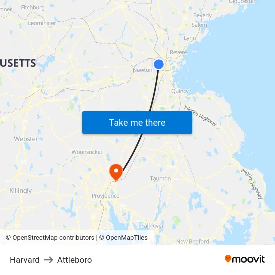 Harvard to Attleboro map