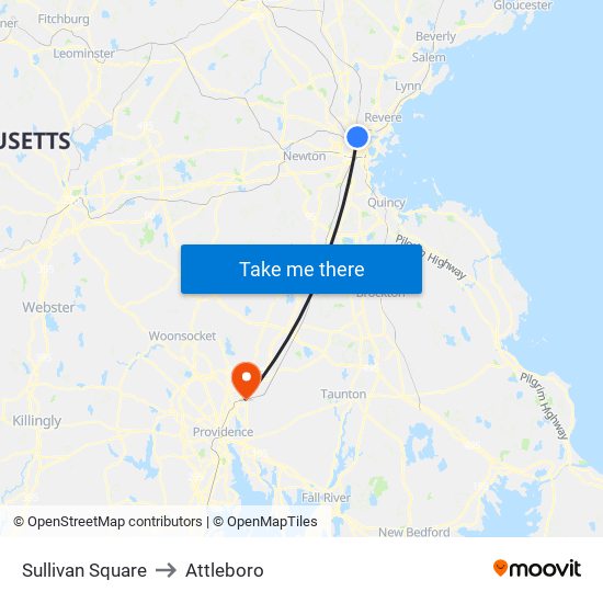 Sullivan Square to Attleboro map