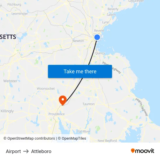 Airport to Attleboro map
