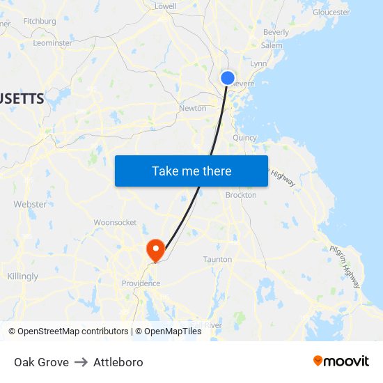 Oak Grove to Attleboro map